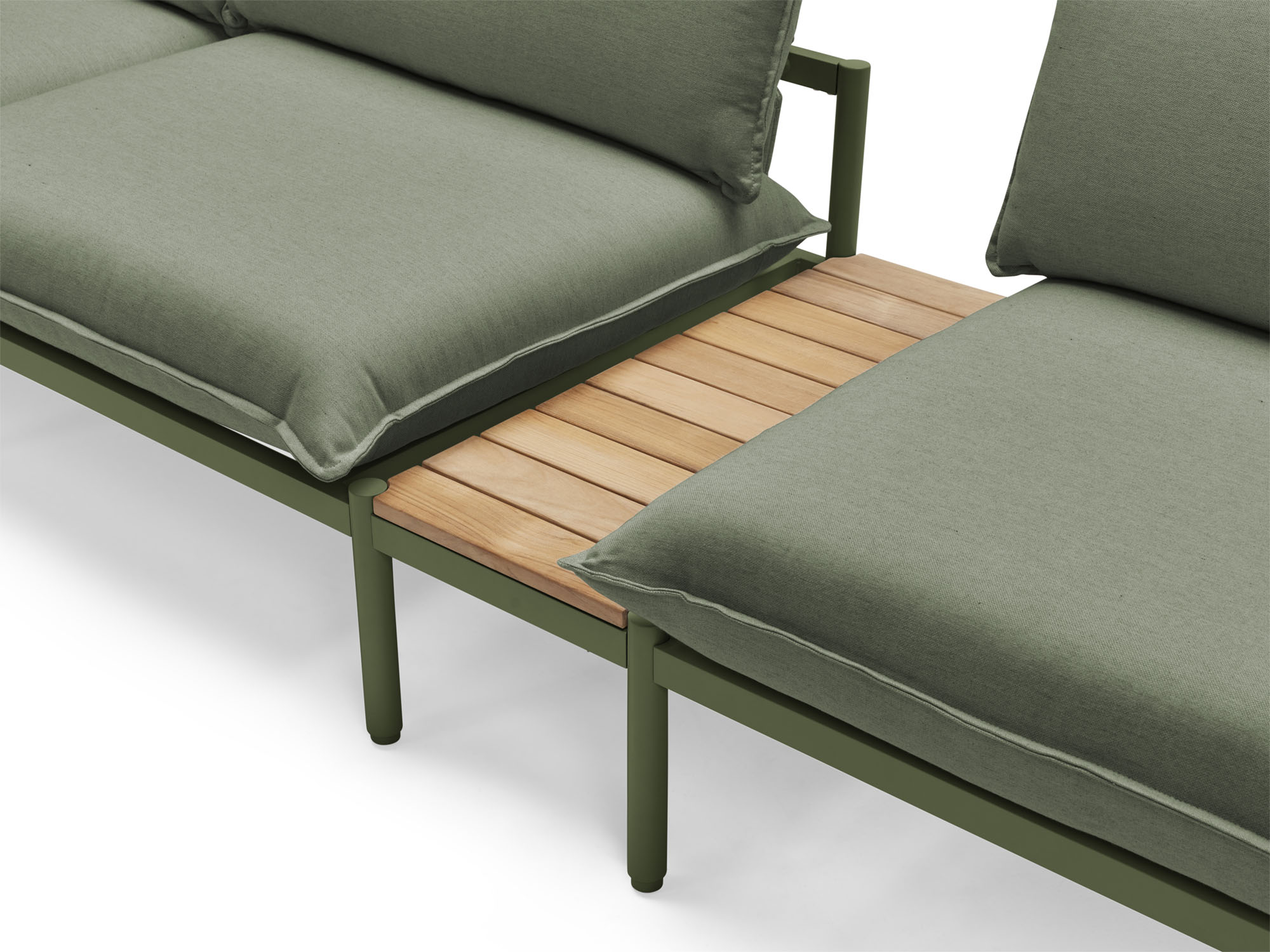 Front angle view of wood and green small outdoor end table